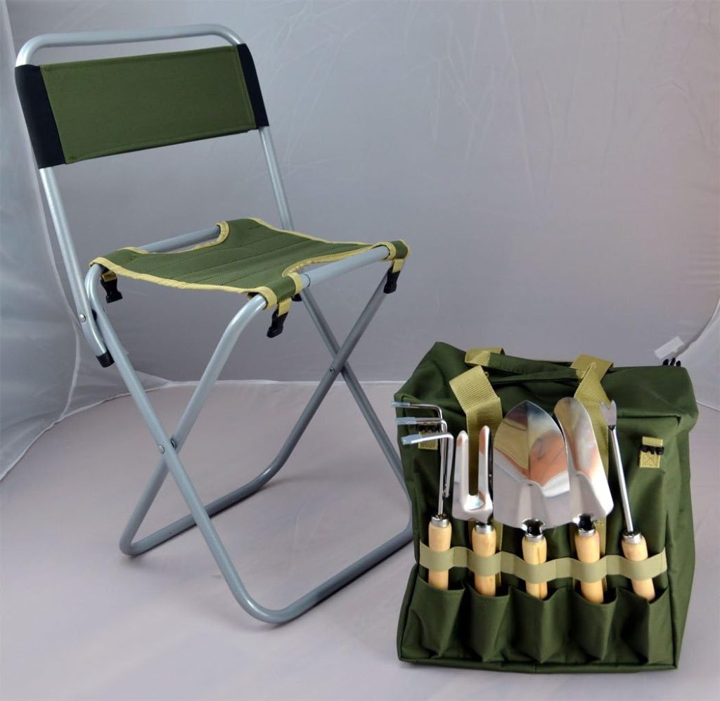 10-Piece Gardening Tool Set with Zippered Detachable Tote and Folding Stool Seat with Backrest