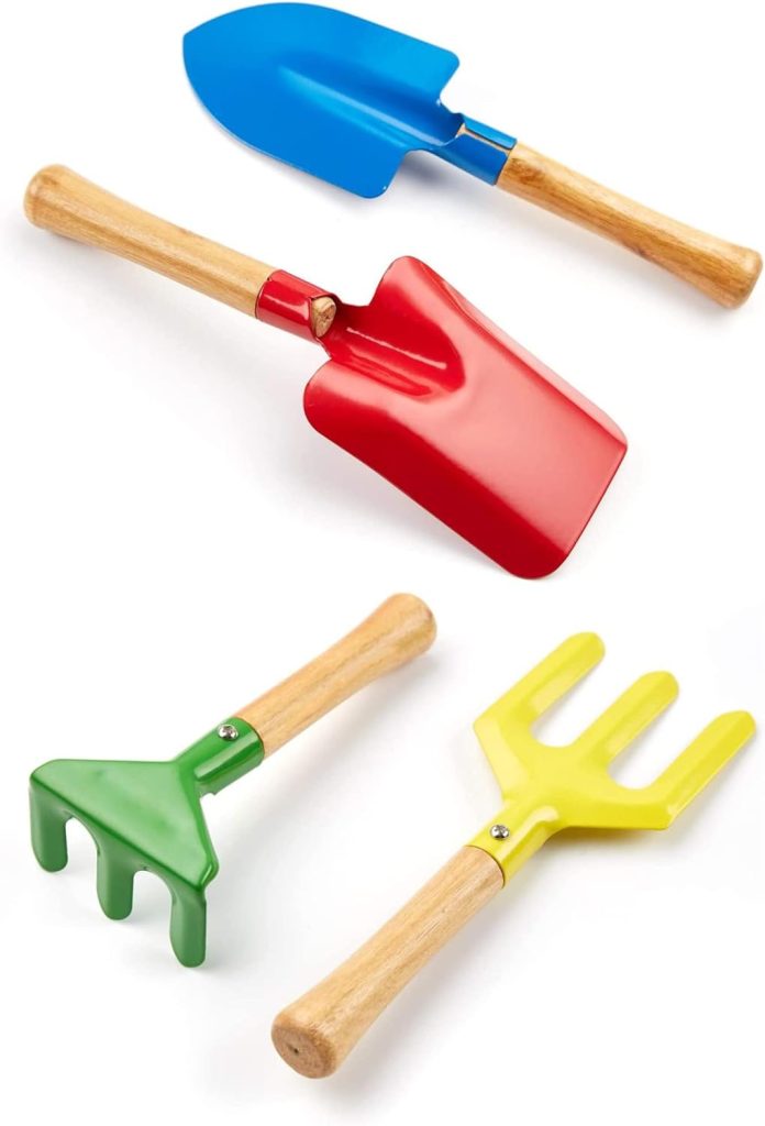 5 Piece 8 Kids Gardening Tools, Made of Metal with Sturdy Wooden Handle, Safe Beach Sandbox Snow Field Toy Gardening Equipment Spoon, Fork, Trowel, Rake  Shovel for Children