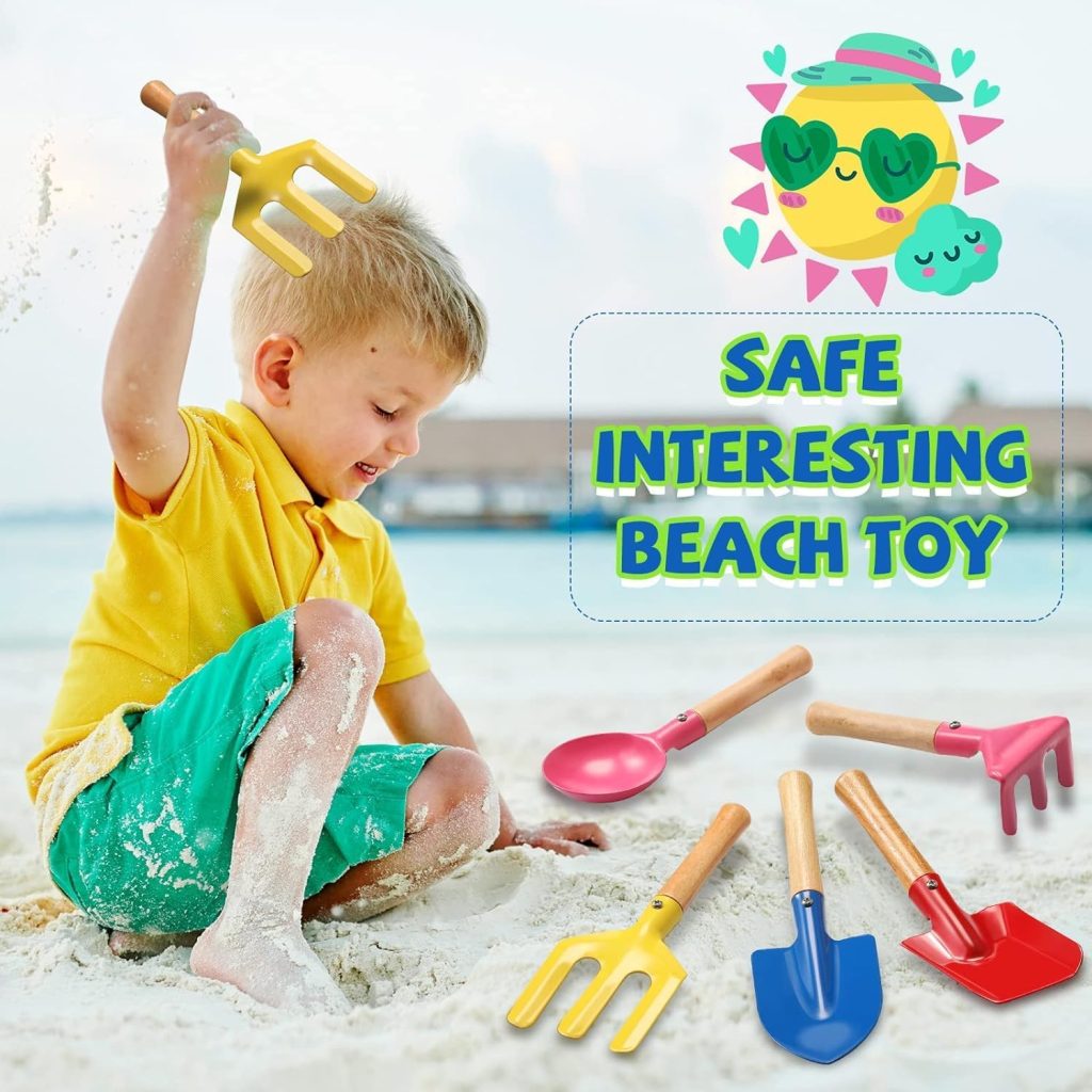 5 Piece 8 Kids Gardening Tools, Made of Metal with Sturdy Wooden Handle, Safe Beach Sandbox Snow Field Toy Gardening Equipment Spoon, Fork, Trowel, Rake  Shovel for Children