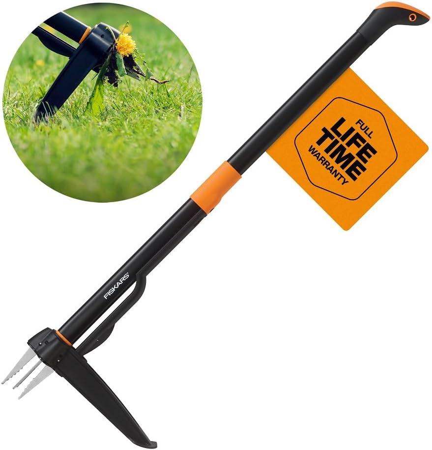 Fiskars 4-Claw Stand Up Weeder - Gardening Hand Weeding Tool with 39 Long Ergonomic Handle - Easy-Eject Mechanism - Black/Orange