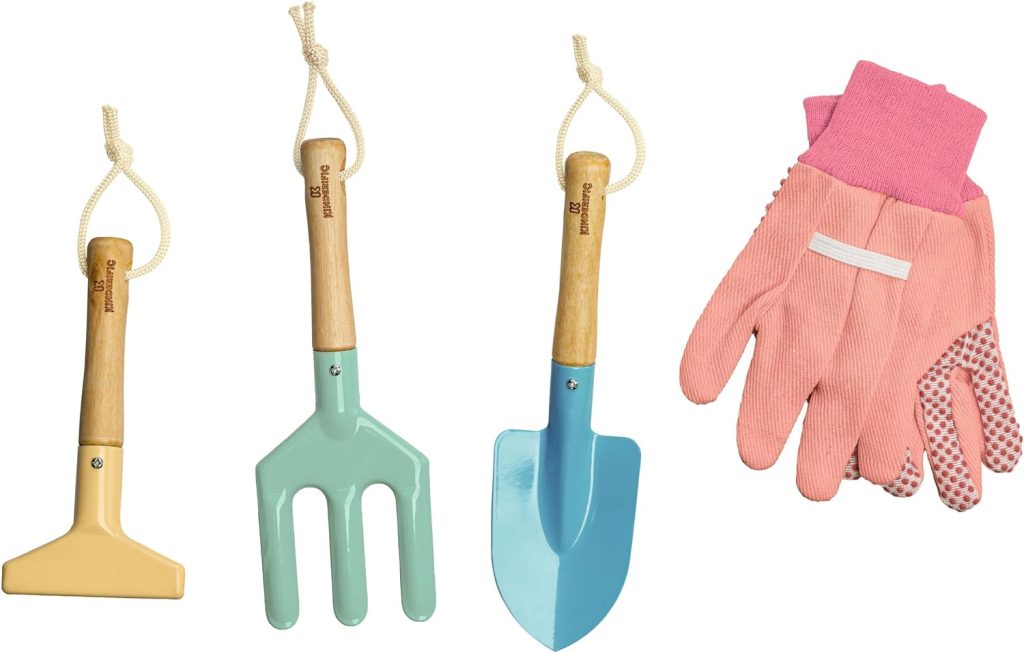 Gardening Set, Tool Kit, for Kids, STEM, Includes Tote Bag, Spade, Watering Can, Rake, Fork, Trowel and Gloves (Floral)