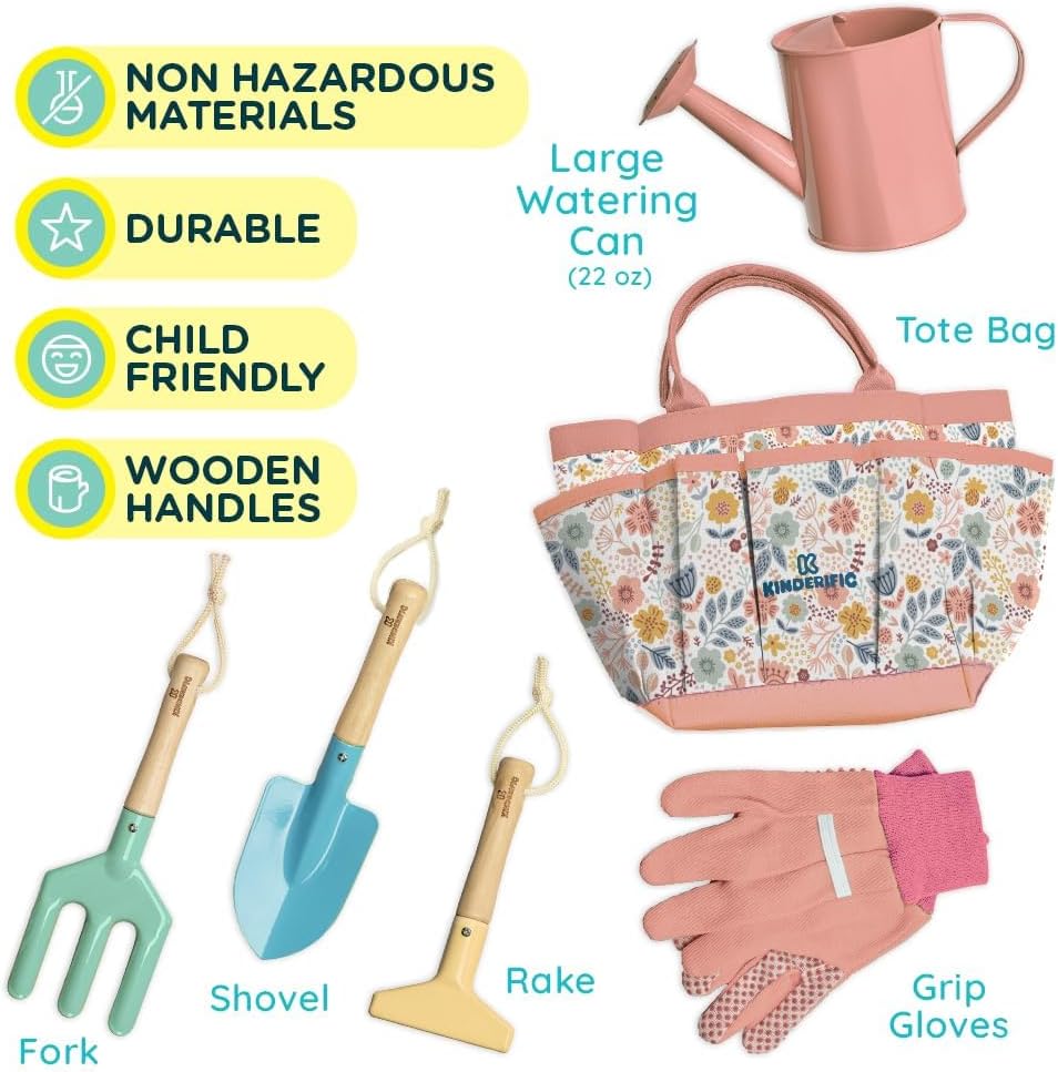 Gardening Set, Tool Kit, for Kids, STEM, Includes Tote Bag, Spade, Watering Can, Rake, Fork, Trowel and Gloves (Floral)