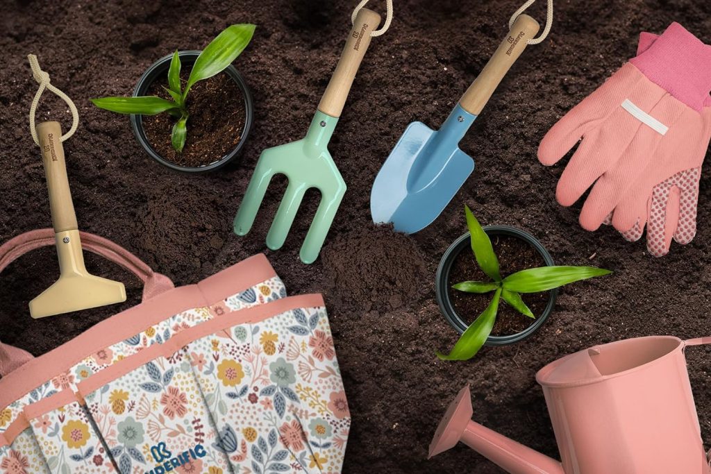 Gardening Set, Tool Kit, for Kids, STEM, Includes Tote Bag, Spade, Watering Can, Rake, Fork, Trowel and Gloves (Floral)