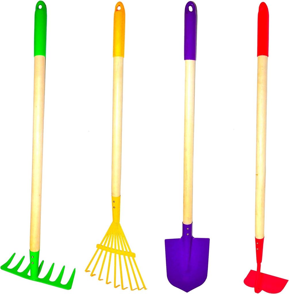 JustForKids Kids Garden Tool Set Toy, Rake, Spade, Hoe and Leaf Rake, reduced size , made of sturdy steel heads and real wood handle, 4-Piece, Multicolored, 5yr+