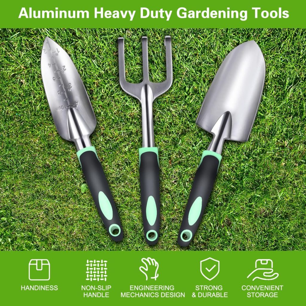 Garden Tool Set, 3 Pack Aluminum Heavy Duty Gardening Kit Includes Hand Trowel, Transplant Trowel and Cultivator Hand Rake with Soft Rubberized Non-Slip Ergonomic Handle, Garden Gifts