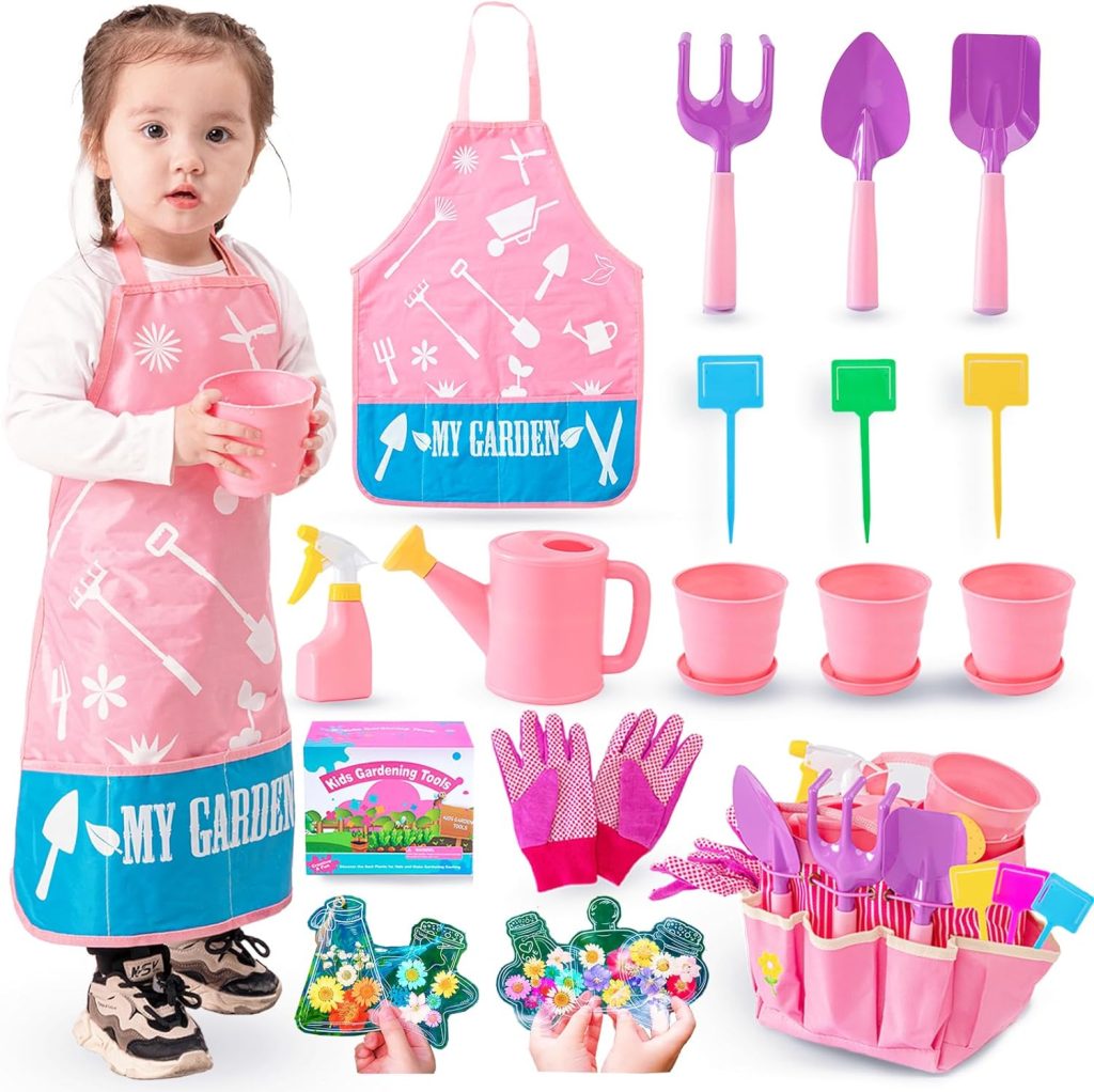 Kids Gardening Tools Set, Garden Toys w/Wooden Handle Alloy Rake,Fork,Trowel, Watering Can,Gloves,Tote Bag,Plant pots, DIY Bookmark Kits, Spring Summer Toy Outdoor Gift for Toddler Boy Girl Kids Gardening Tools Set, Garden Toys w/Wooden Handle Alloy Rake,Fork,Trowel, Watering Can,Gloves,Tote Bag,Plant pots, DIY Bookmark Kits, Spring Summer Toy Outdoor Gift for Toddler Boy Girl