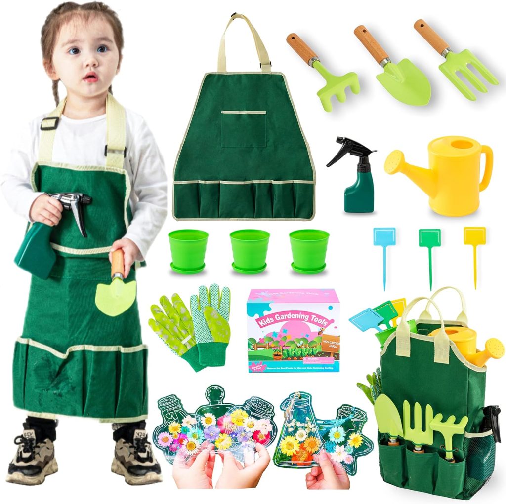 Kids Gardening Tools Set, Garden Toys w/Wooden Handle Alloy Rake,Fork,Trowel, Watering Can,Gloves,Tote Bag,Plant pots, DIY Bookmark Kits, Spring Summer Toy Outdoor Gift for Toddler Boy Girl Kids Gardening Tools Set, Garden Toys w/Wooden Handle Alloy Rake,Fork,Trowel, Watering Can,Gloves,Tote Bag,Plant pots, DIY Bookmark Kits, Spring Summer Toy Outdoor Gift for Toddler Boy Girl